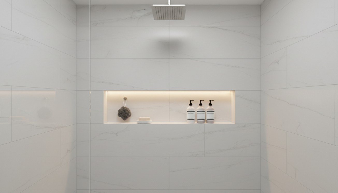Horizontal shower niche with integrated LED lighting and organized storage in a white tiled bathroom